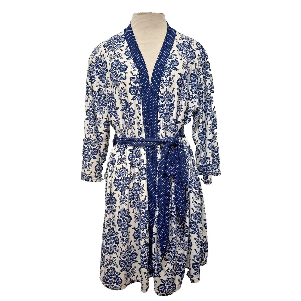 LAURA ASHLEY Womens Sz L Navy Blue Floral Polka Dot Lightweight Belt Robe Kimono